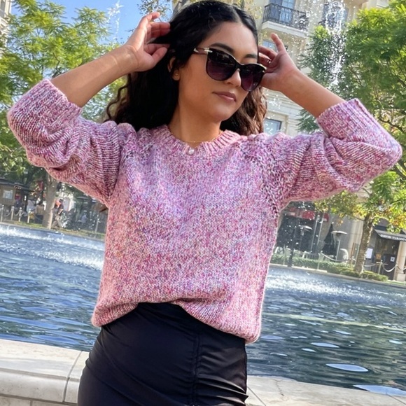 Belle Du Jour Sweaters - Belle du Jour Chunky Knit Confetti Sweater Crewneck Pink